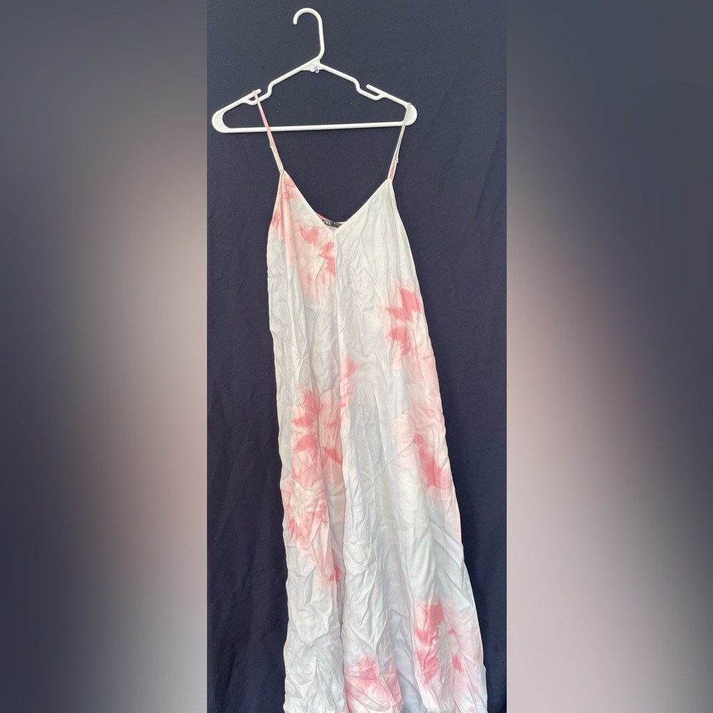 Zara White Racer Back Floor-Length Dress - Pink Floral Elegance